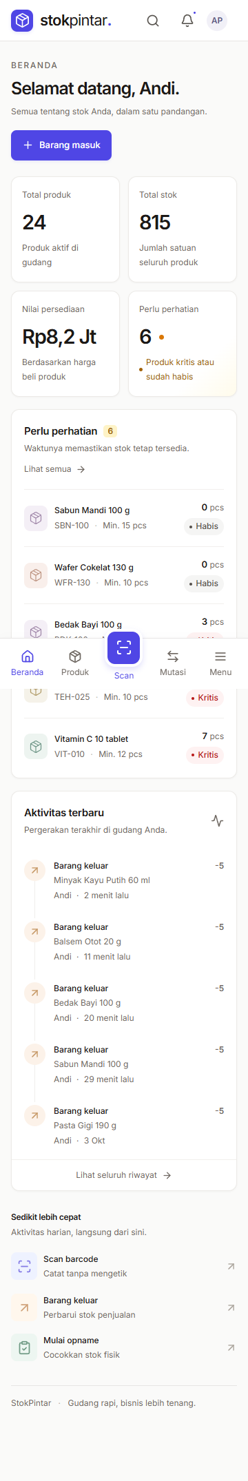 Tampilan demo StokPintar pada layar ponsel